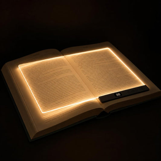 LEDBOOK: lámina transparente sobre la página de un libro, iluminando el texto